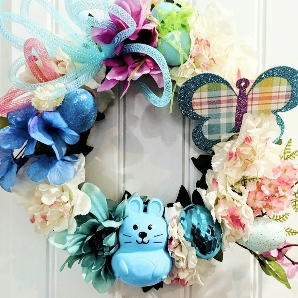 Springtime Floral Wreath with Blue Accents